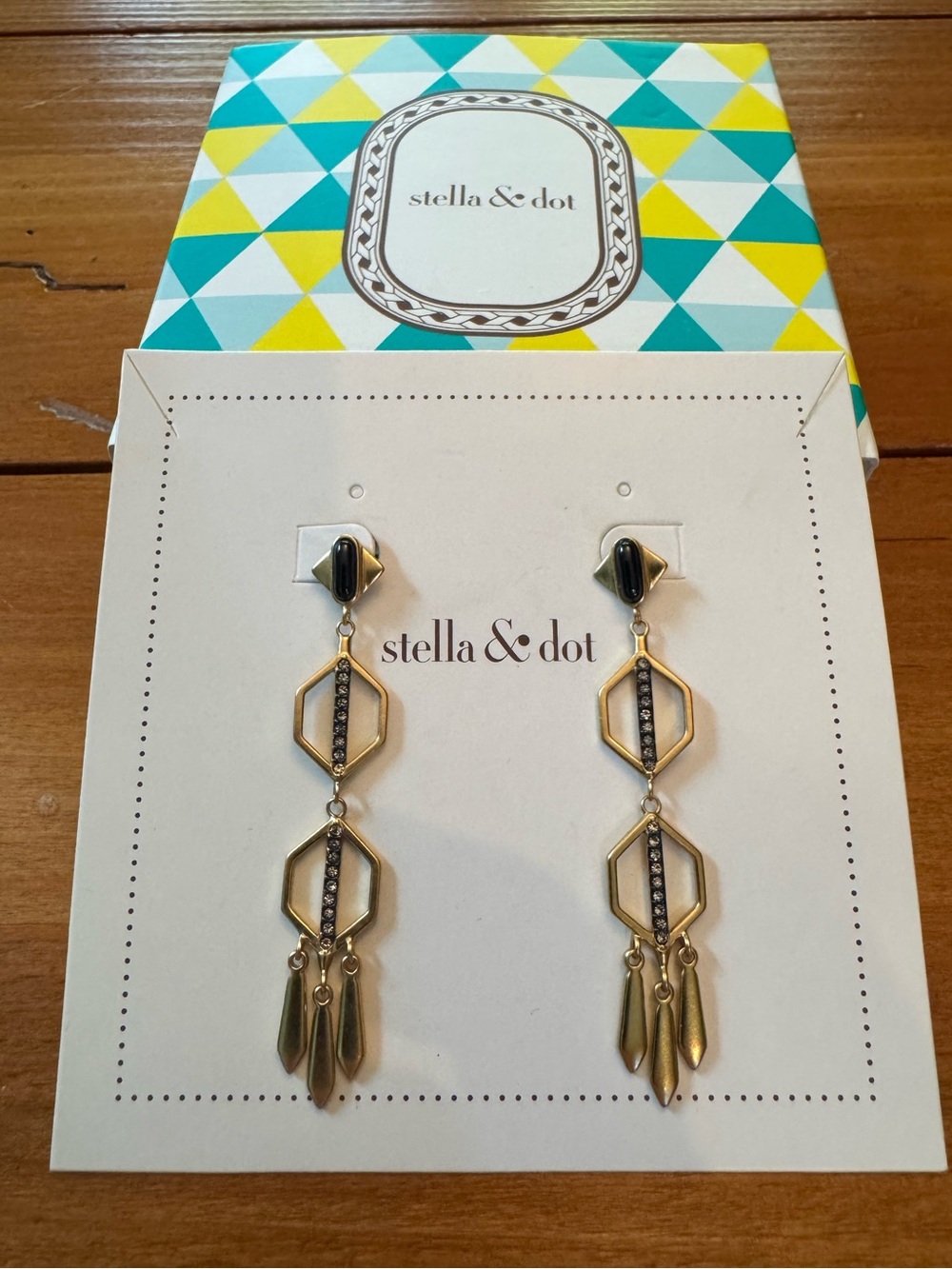 EUC Stella & Dot “Terra” Gold Hexagon Dangle Earrings
